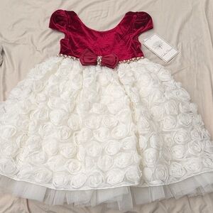Macy's Burgundy Velvet & Ivory Rosette Party Dress with Jewel Bow